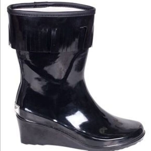 Women Rubber Rain Boots /w Wedge Heels & Tassels Rainboots - Picture 1 of 4